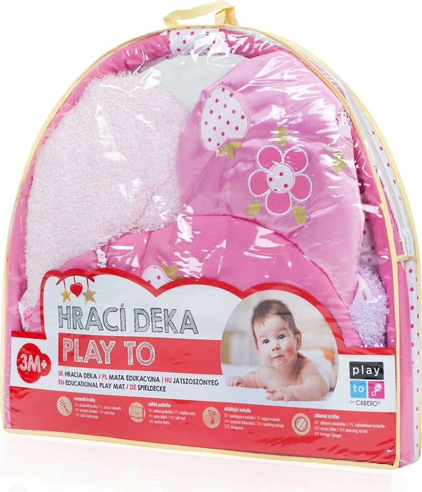 Tapet loje për bebe me hark, PLAYTO Flower Play Blanket, Ø 100 cm, me lodra të shkëputshme, 3m+, rozë