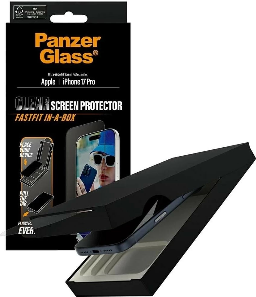Xham mbrojtës PanzerGlass Ultra-Wide Fit Fastfit për iPhone 17 Pro transparent