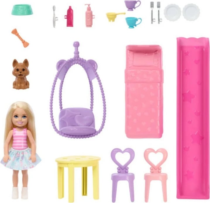 Shtëpi lodër Barbie Chelsea e palosshme me aksesorë, Mattel JFW49, Rozë/Vjollcë, set