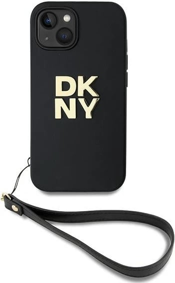 Mbështjellës DKNY Wrist Strap Stock Logo për iPhone 15 Plus, i zi