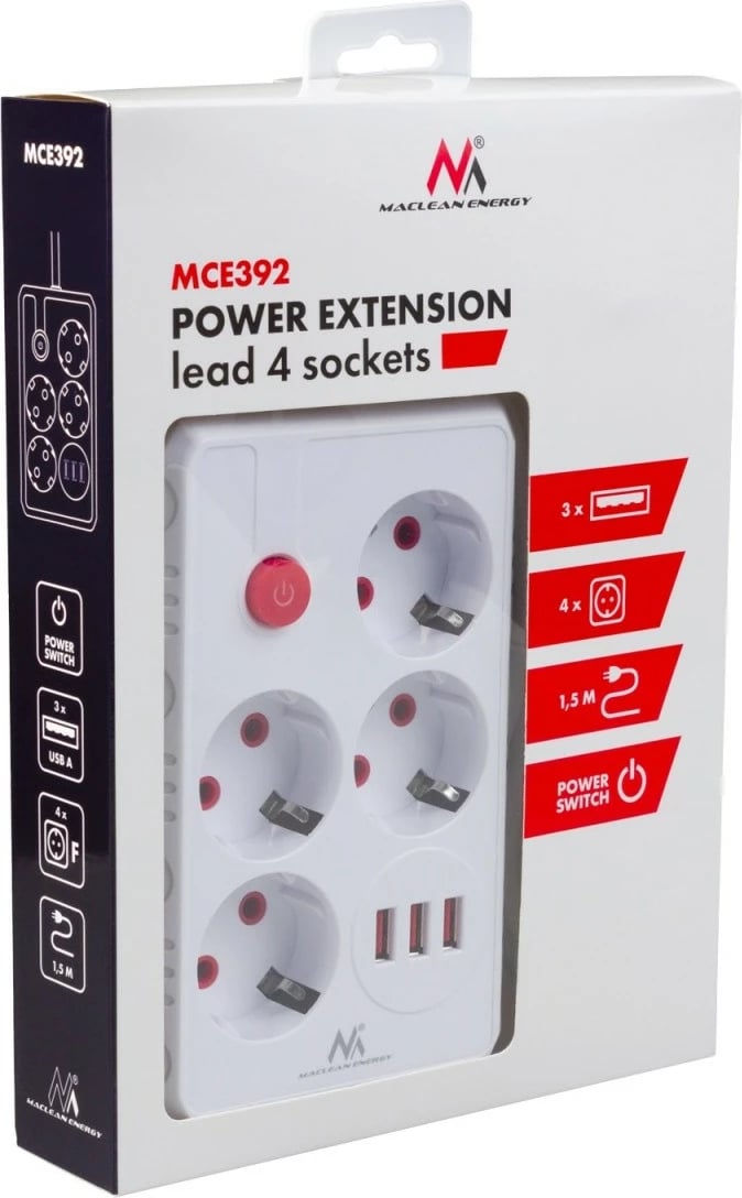 Zgjatues elektrik Maclean MCE392 W, 4 priza Schuko, 3x USB, 2500W, 110-240V, kabllo 1.5m, me çelës, e bardhë
