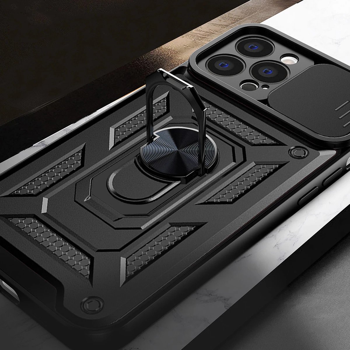 Mbështjellës Hurtel Hybrid Armor Camshield për Realme 10 Pro+, me mbulesë kamere, unazë metalike, i zi