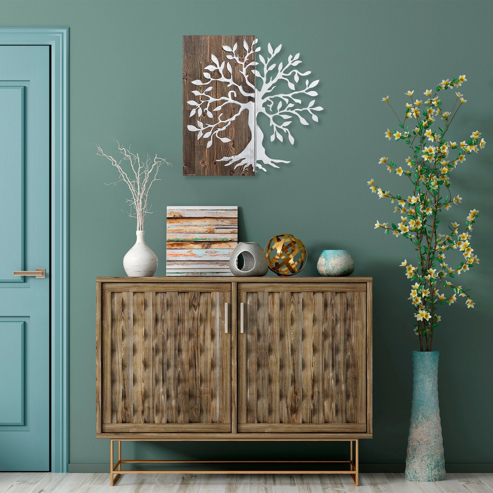 Aksesor dekorativ për mur, dru dhe metal, pemë, ngjyrë arrë dhe argjend, 58x58cm