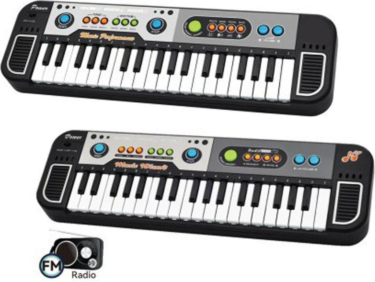 Tastierë muzikore Madej 37 tasta, FM radio, mikrofon, për fëmijë, zi/gri