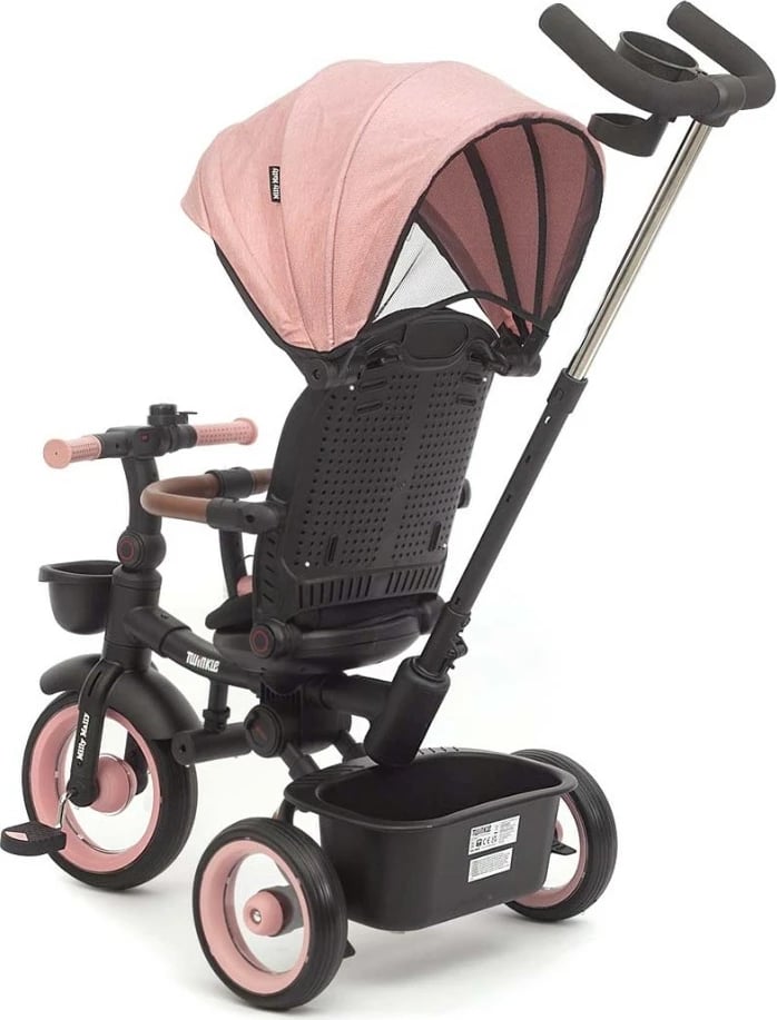 tricikël fëmijësh, Milly Mally Twinkle, sedilje rrotulluese 180°, timon prindëror i rregullueshëm, dritë LED, 12+ muaj, rozë