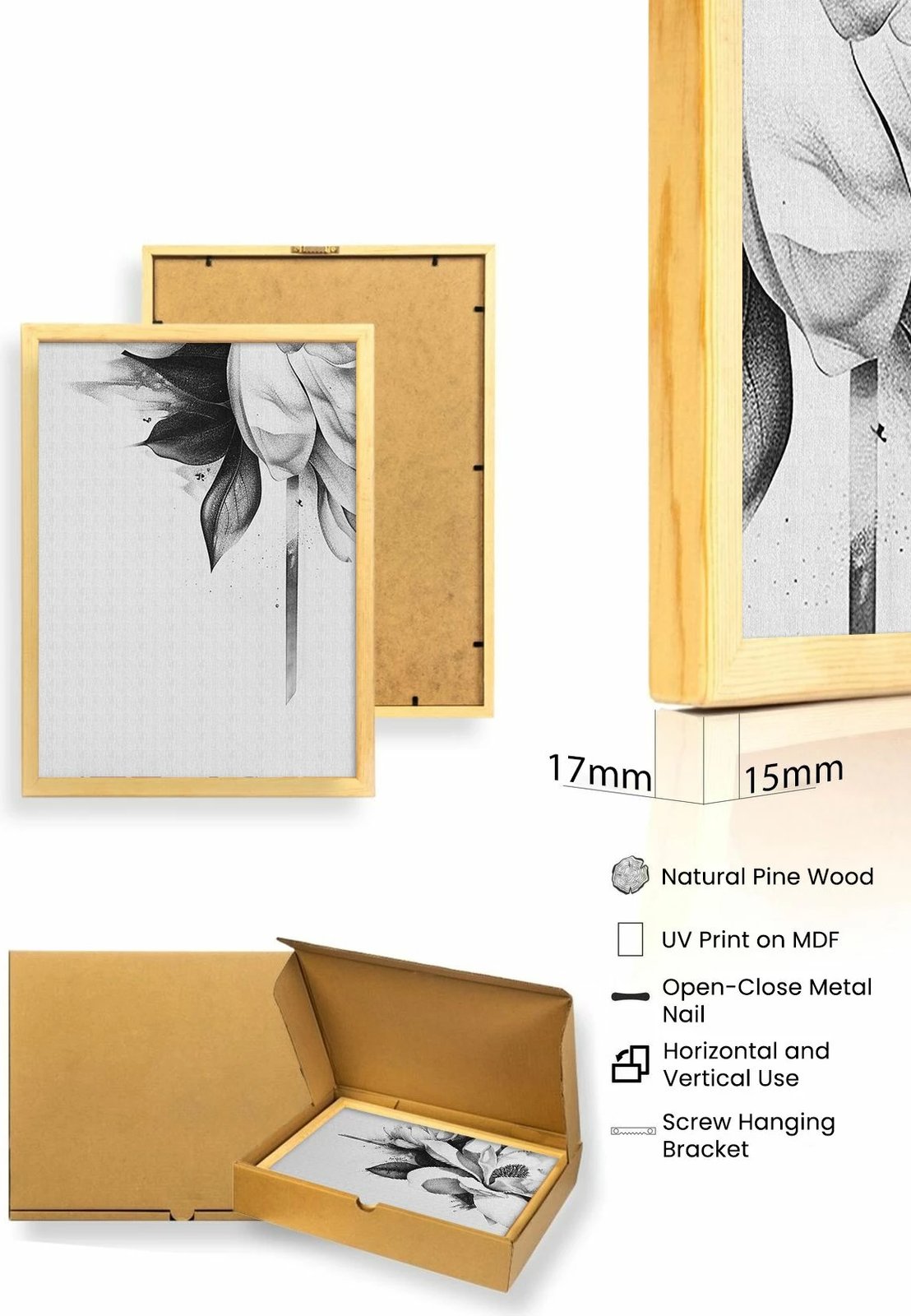 Set pikturash dekorative me kornizë, MDF, shumëngjyrëshe, Wallity, Huhu479, 20x30cm (3 copë)