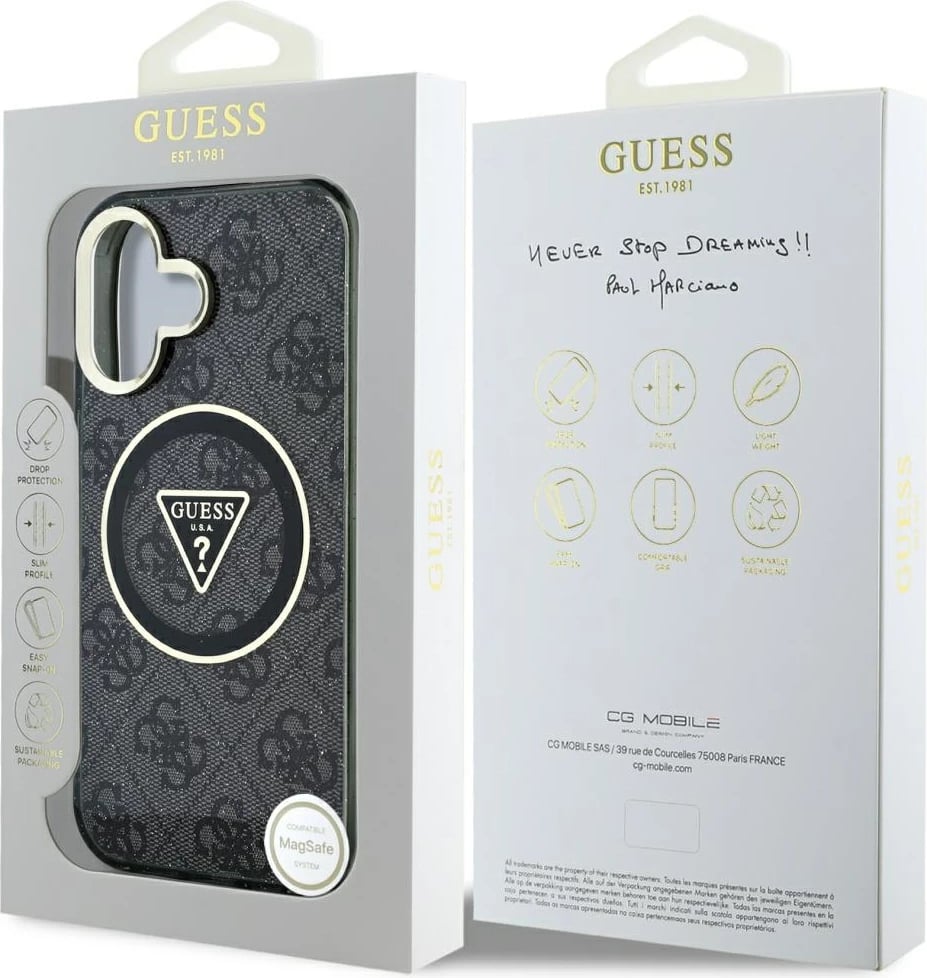 Mbështjellës Guess IML Metal Glitter 4G Circle Triangle MagSafe për iPhone 16, i zi Mbështjellës Guess IML Metal Glitter 4G Circle Triangle MagSafe për iPhone 16, i zi
