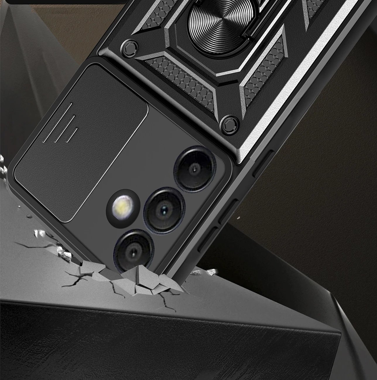 Mbështjellës Hurtel Hybrid Armor Camshield me qëndrim dhe kapak kamere për Samsung Galaxy A36, i zi