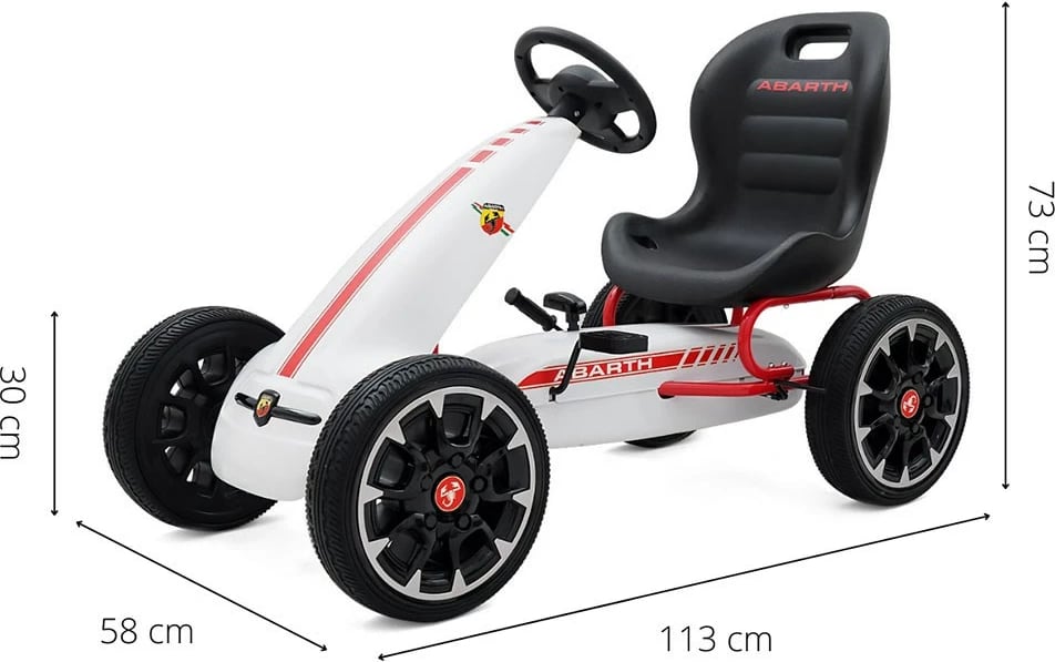 Gokart me pedale, Milly Mally Abarth, fëmijë 3-9 vjeç, transmetim përpara/prapa, frenë dore, goma EVA, i bardhë