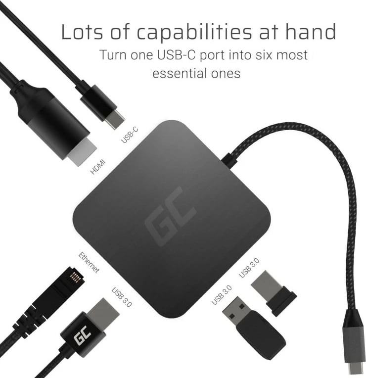 HUB USB-C Green Cell AK61, 6 porte, HDMI, RJ45, USB 3.0, USB-C PD, Argjendtë