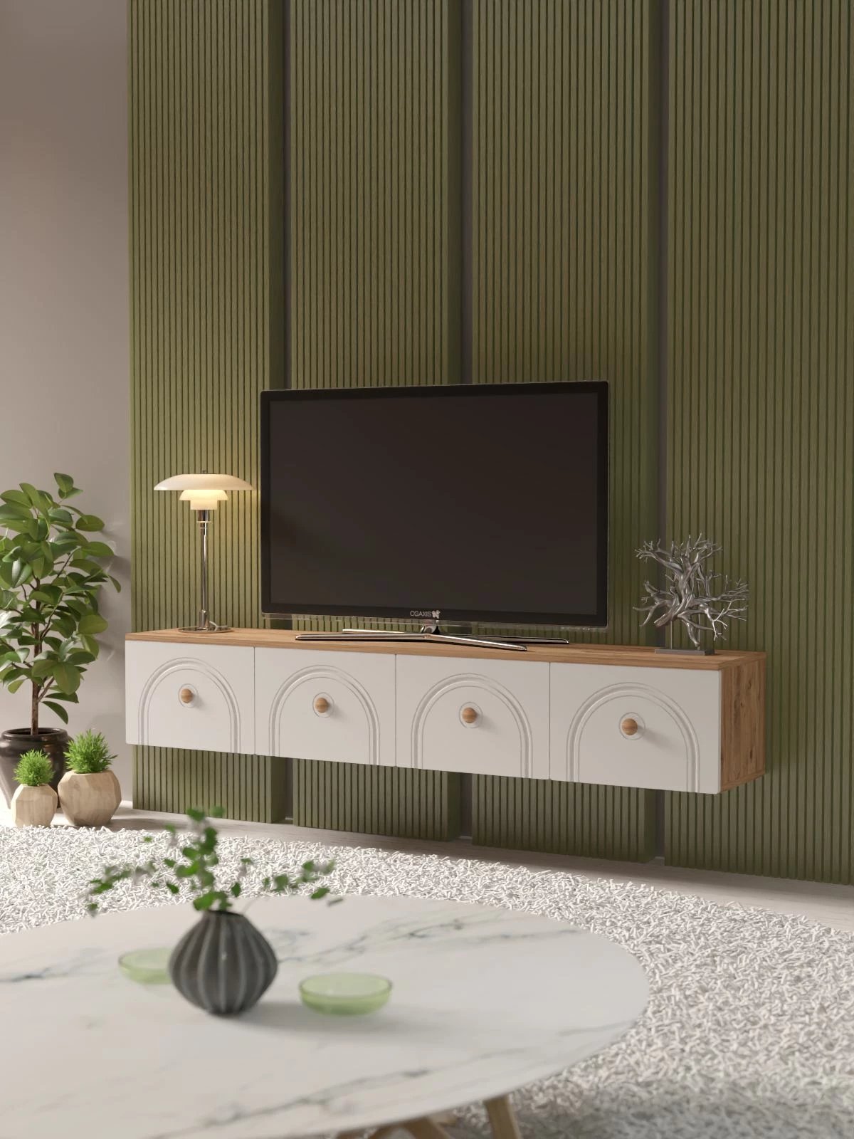 Komodë TV Skye Decor, Norvia 180, ngjyrë pishë Atlantike dhe e bardhë