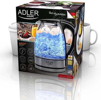 Çajnik elektrik, Adler AD 1225, 1.7 L, qelq, 1850–2200W, bazë 360°, ndriçim LED, filtër sedimenti, e zezë