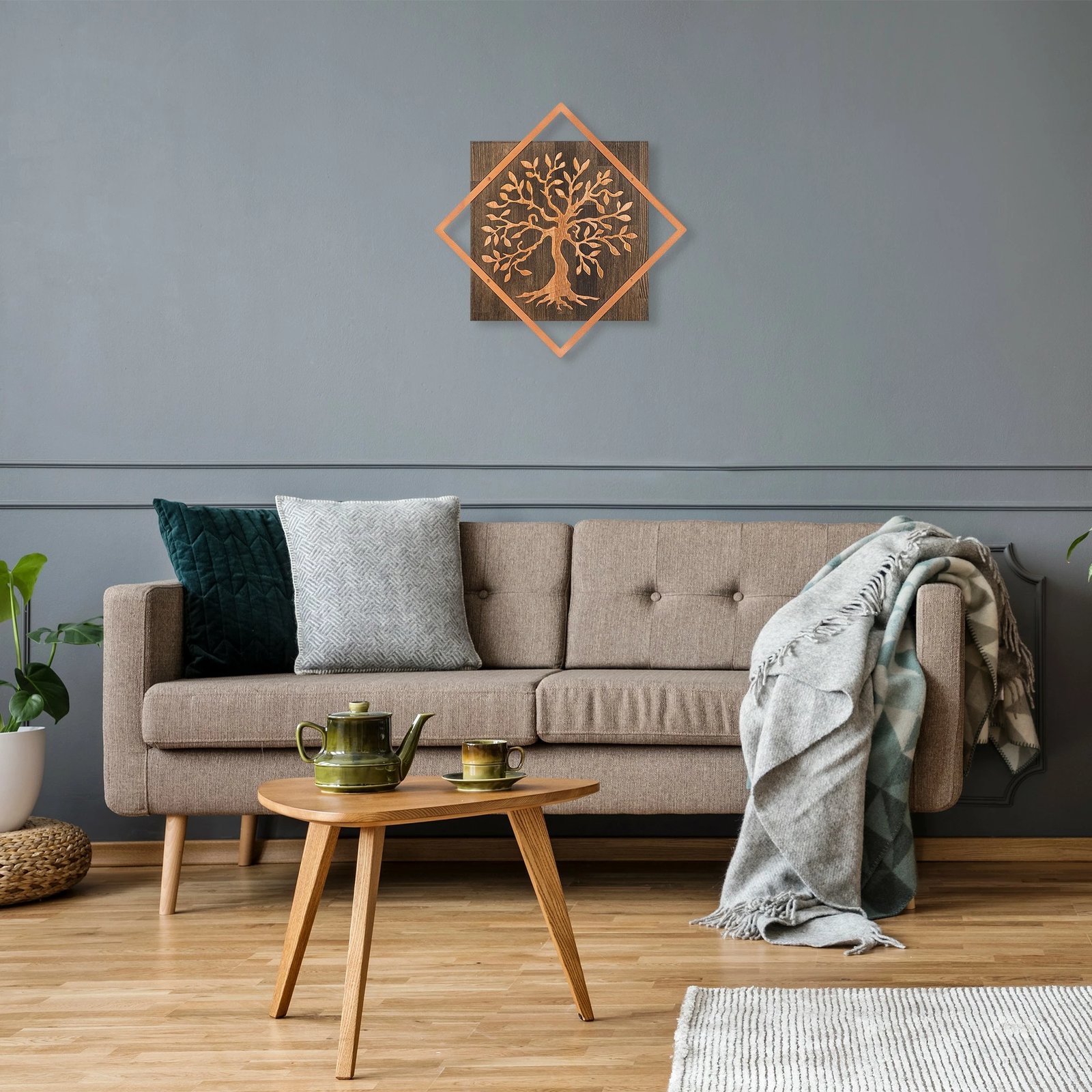 Aksesor dekorativ për mur, dru dhe bakër, Wallity, pemë v2, ngjyrë arre-bakër