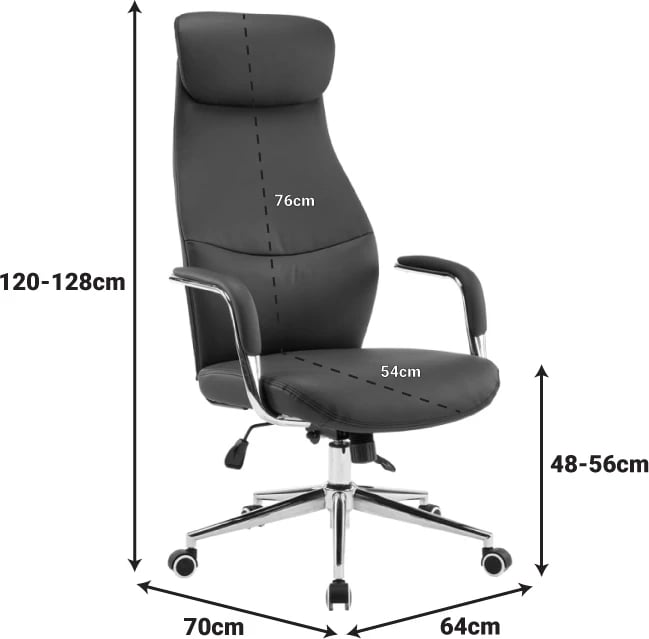 Karrige menaxheri për zyre Ferka, lëkurë PU e zezë, 64x71x120-128cm