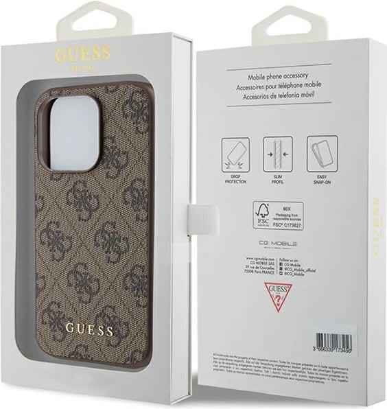 Mbështjellës Guess 4G Metal Gold Logo për iPhone 15 Pro, Kafe