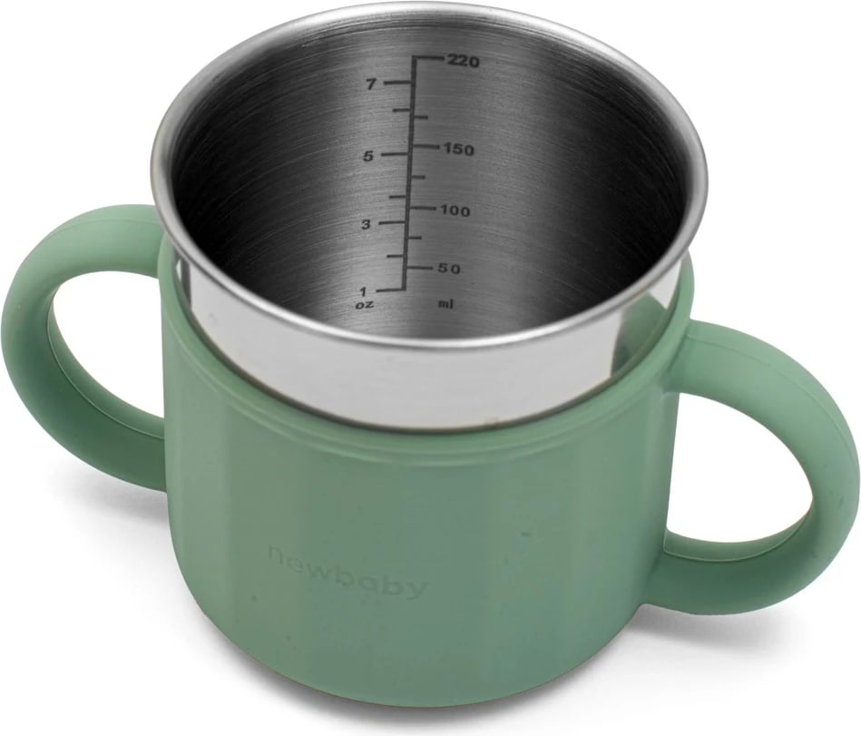 Gotë trajnimi 2‑në‑1, New Baby, 220 ml, silikon + çelik inoks, me pipë ose gojëzë, me doreza, jeshile