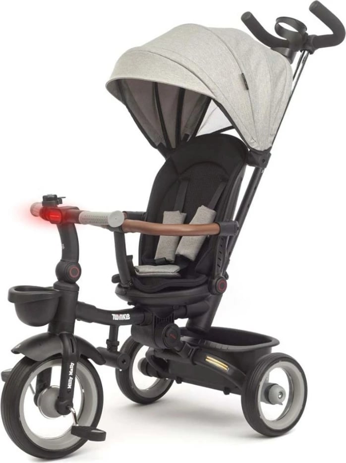 tricikletë për fëmijë, Milly Mally Twinkle, sedilje rrotulluese 180°, timon prindëror i rregullueshëm, dritë LED, kornizë çeliku, gri