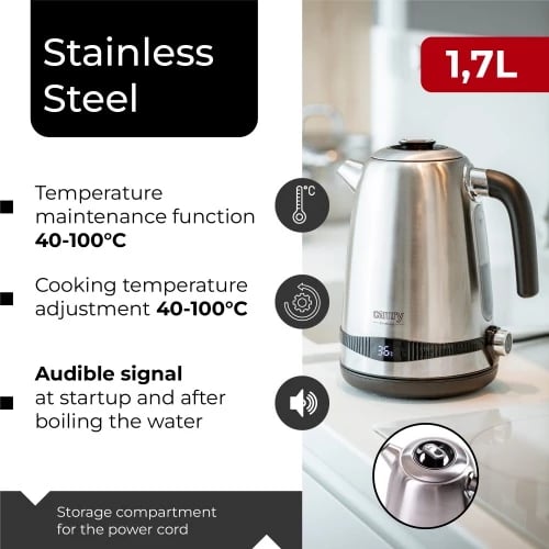 Çajnik elektrik, Camry, CR1291, 1.7L, ekran LCD dhe rregullim temperature 40-100°C, funksion Keep Warm 2h, 1850-2200W, inox