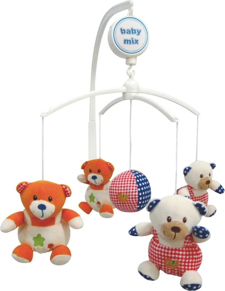 Karusel për krevat bebe, Baby Mix, Teddy Bears, muzikor me rrotullim mekanik, figura plushi 10 cm, shumëngjyrësh