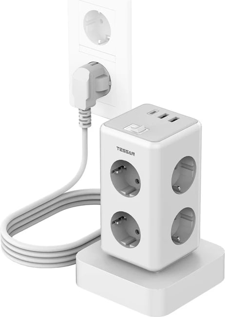 Kasë Tessan TS-306TS-C me 6 prizë AC, 2 USB-A, 1 USB-C, 2m, e bardhë