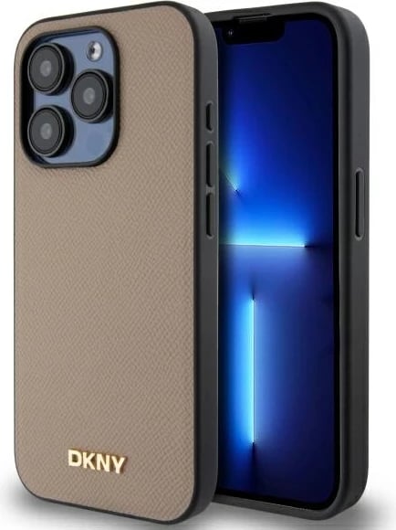 Mbështjellës DKNY Grained Metal Logo MagSafe për iPhone 15 Pro Max, Bezhe