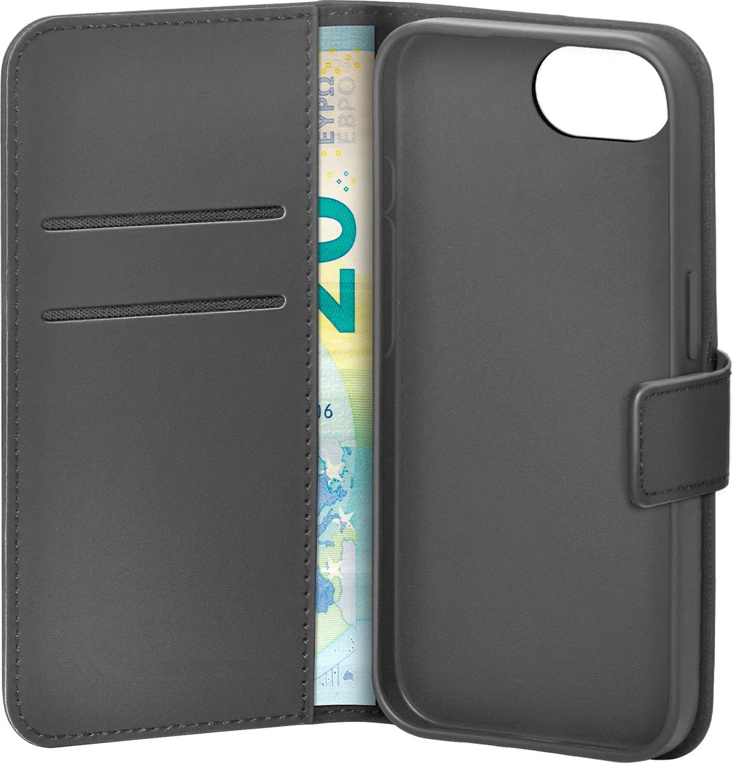 Mbështjellës Puro Booklet për iPhone 16e, eco-leather, me mbajtëse kartelash dhe qëndrim horizontal, e zezë
