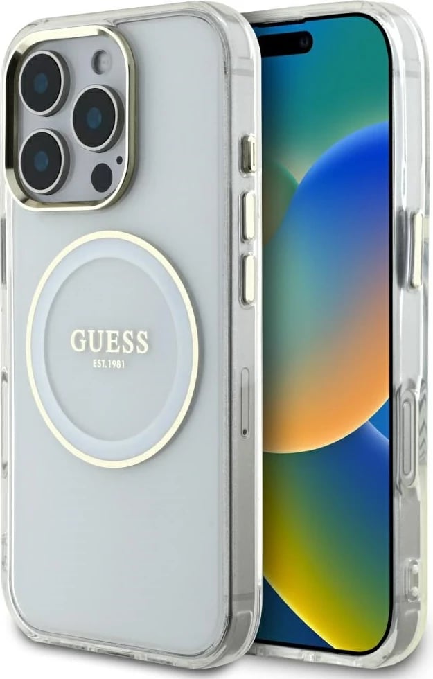 Mbështjellës Guess IML Metal Colored Circle Classic Logo MagSafe për iPhone 16 Pro, Bardhë