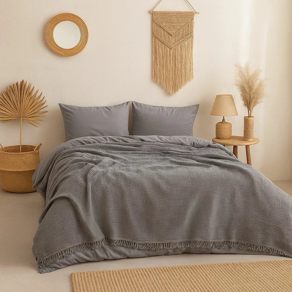 Mbulesë krevati dopio, muslin pambuku, ngjyrë antracit, 200x220cm