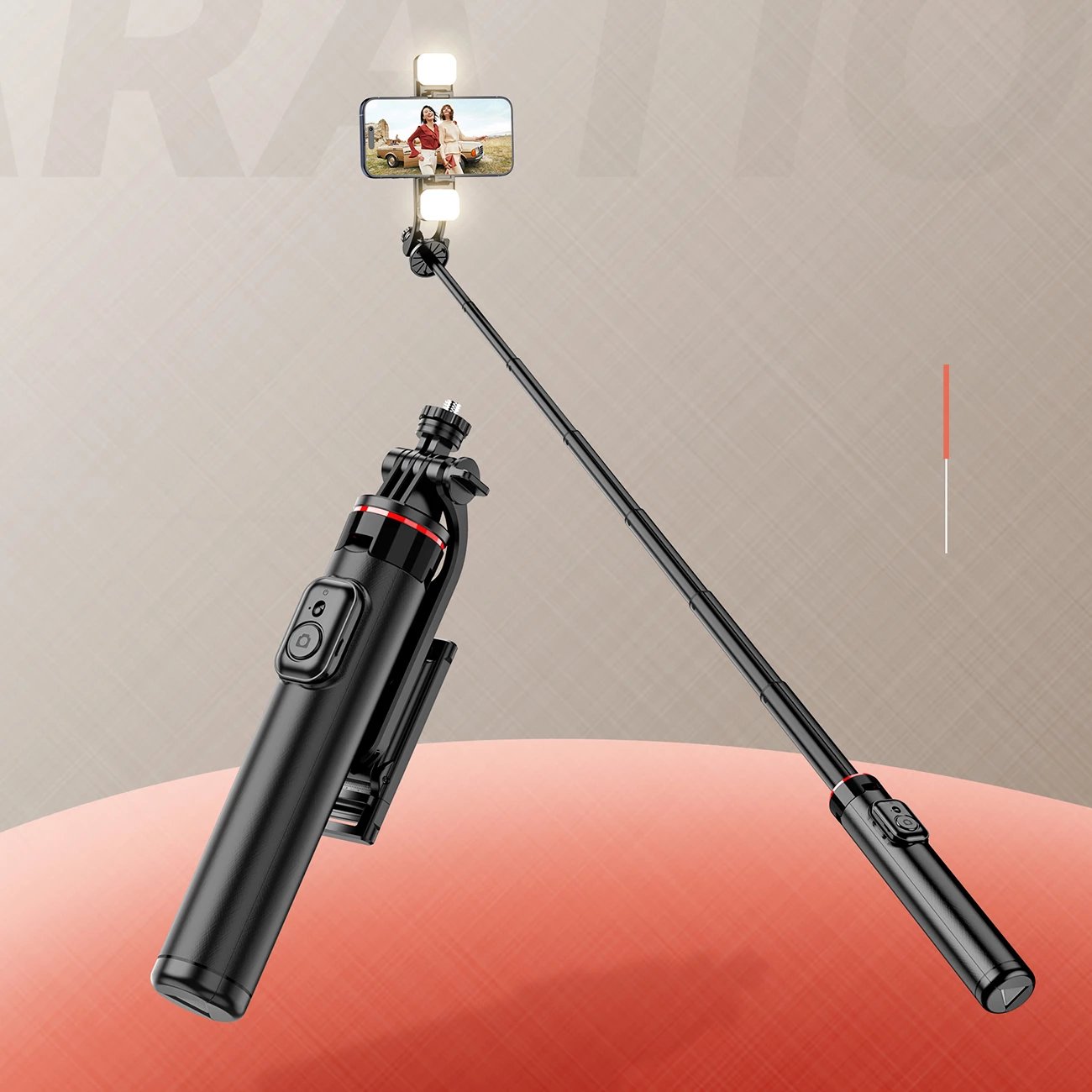 Selfie stick Hurtel WC12YDS tripod teleskopik me dy llampa, 1.3m, Bluetooth, i zi