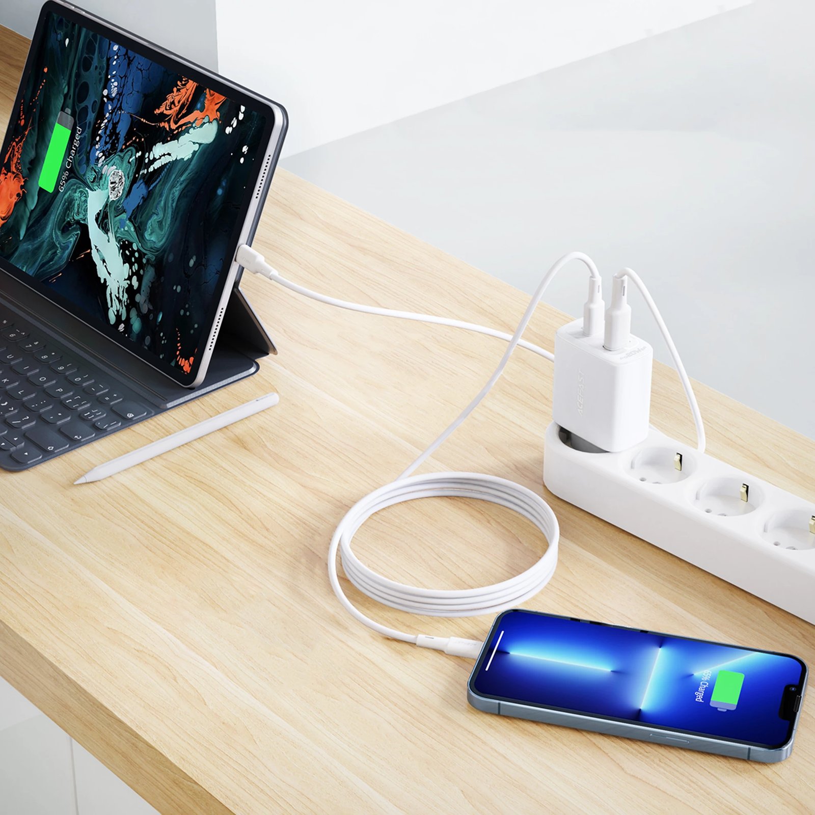 Karikues muri Acefast A25, 20W, USB-C/USB-A, i bardhë