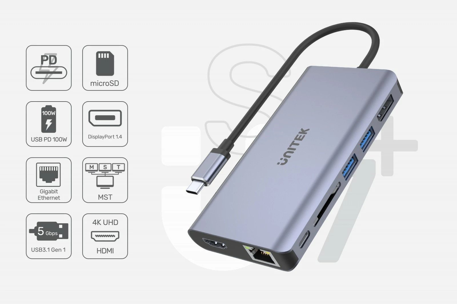 HUB Unitek D1056A, USB-C, 2x USB 3.1, HDMI 2.0, DP 1.4, RJ45, SD, PD 100W, Argjendtë