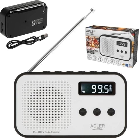 radio digjital PLL AM/FM, Adler, AD 1907, LCD, memorie 40 stacione, bateri 600 mAh, USB-C, e bardhë/zezë