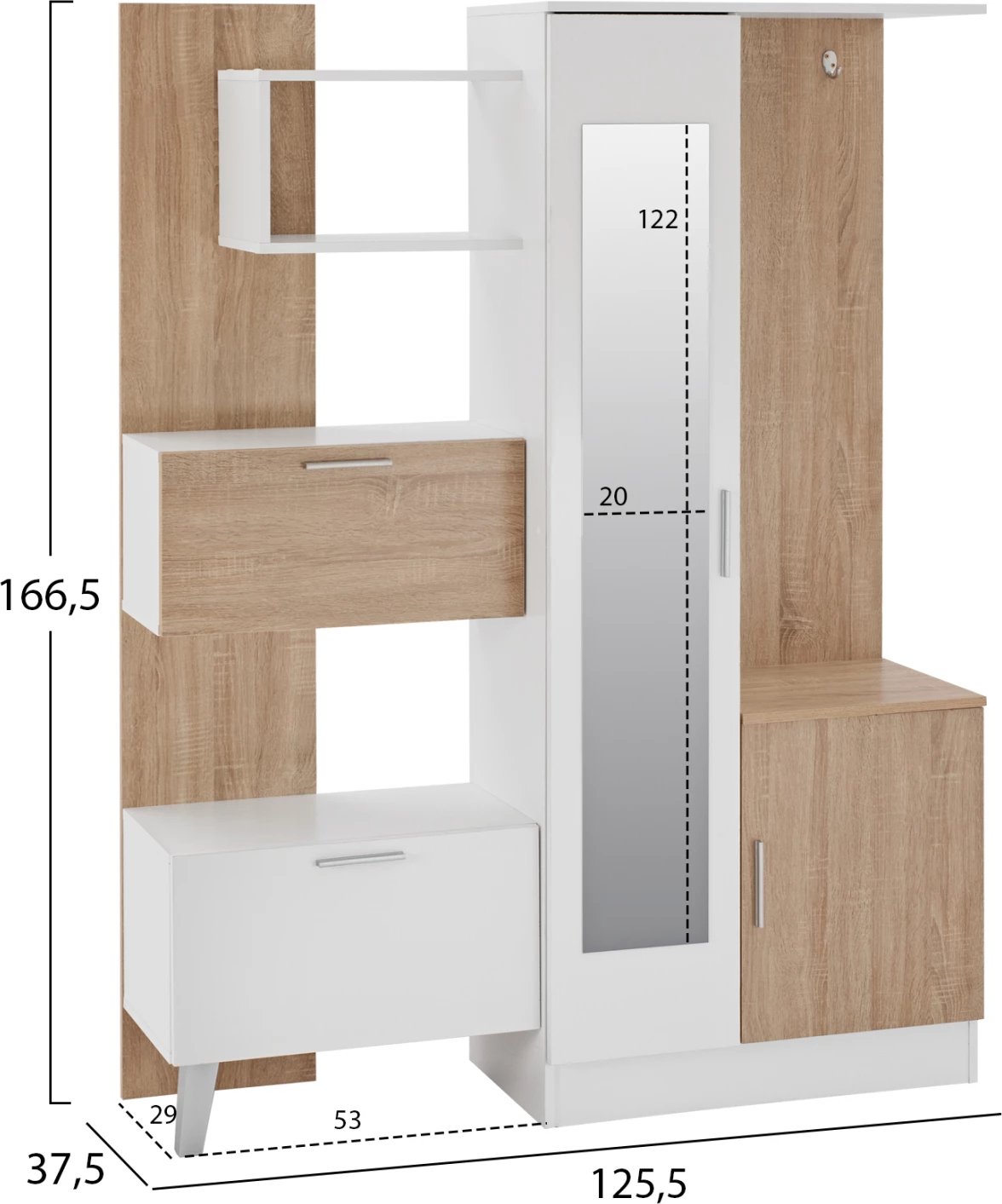 Mobilje hyrëse me rafte dhe pasqyrë, FH2265, e bardhë-sonama, 125.5x37.5x166.5 cm