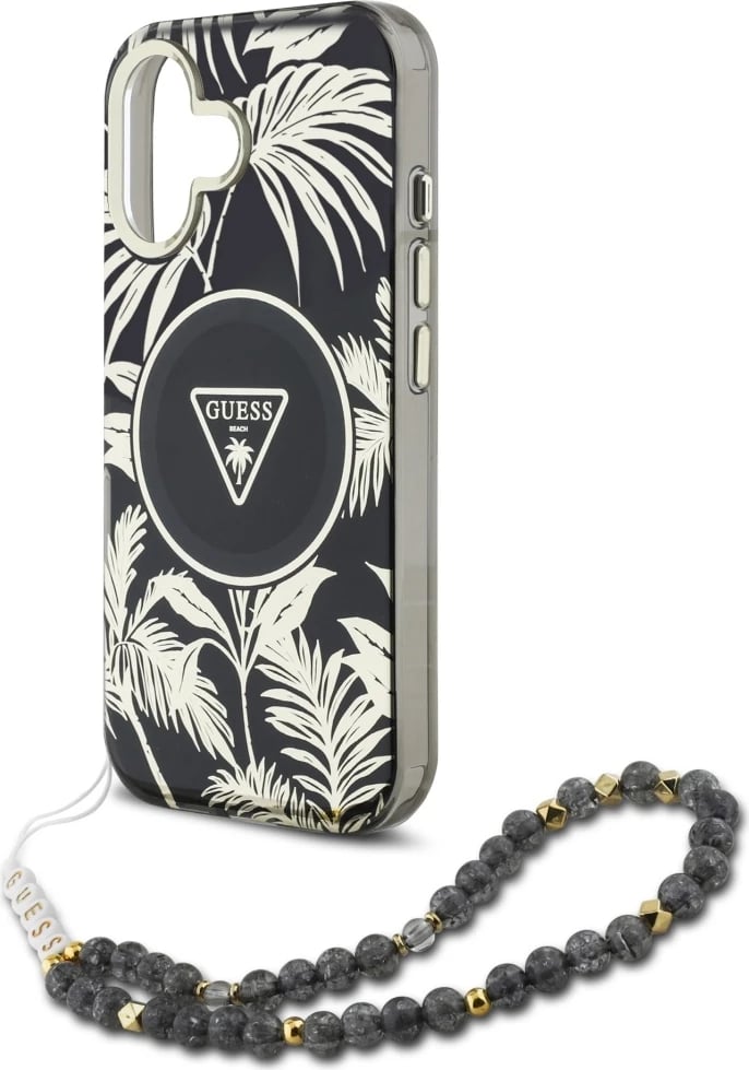 Mbështjellës Guess Palm Trees Triangle Pearl Strap MagSafe për iPhone 16, i zi Mbështjellës Guess Palm Trees Triangle Pearl Strap MagSafe për iPhone 16, i zi