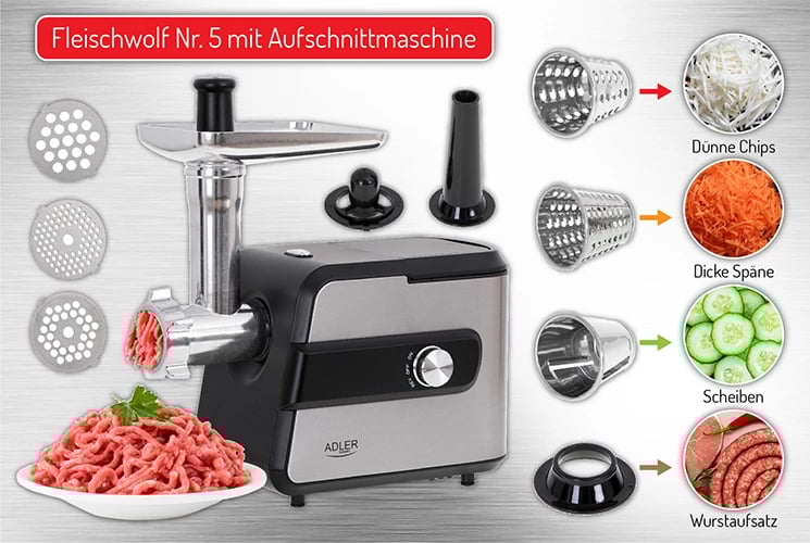 Grirëse mishi elektrike, Adler AD 4813, 1.0 kg/min, 2000W max 600W, 3 sita inox 3/5/7 mm, rende perimesh me 3 daulle, çelik inox, e zezë/argjend Grirëse mishi elektrike, Adler AD 4813, 1.0 kg/min, 2000W max 600W, 3 sita inox 3/5/7 mm, rende perimesh me 3 daulle, çelik inox, e zezë/argjend