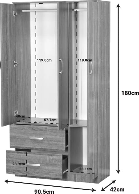 Dollap Zelia me 2 dyer dhe sirtarë, ngjyrë arre, 90x42x180cm