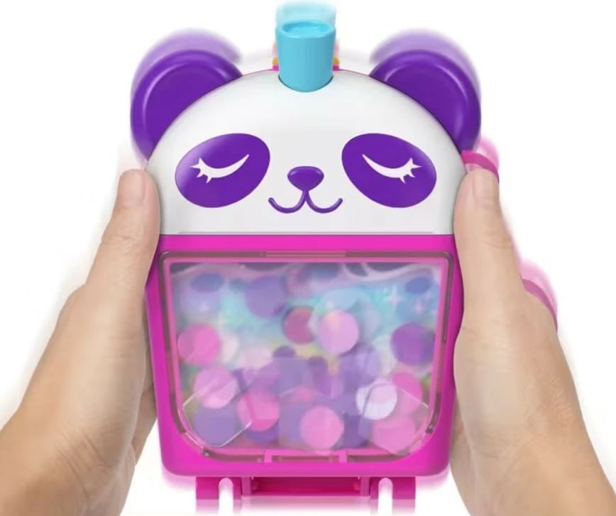 Set lodrash Polly Pocket Bubble Tea Panda Compact me 2 mini kukulla dhe 12 aksesorë, Rozë