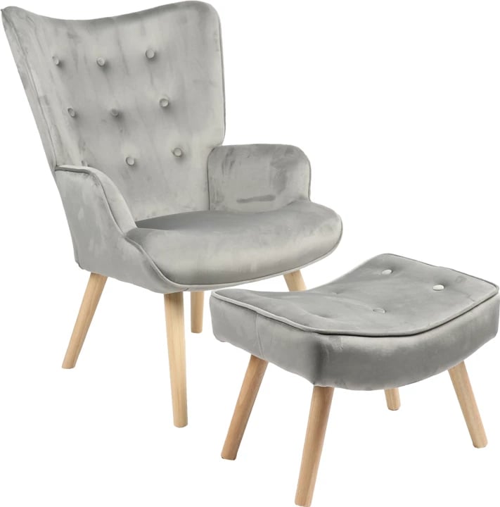 Fotelje me stol Vivienne, pëlhurë kadife, ngjyrë gri-natyrale, 75x69x96cm
