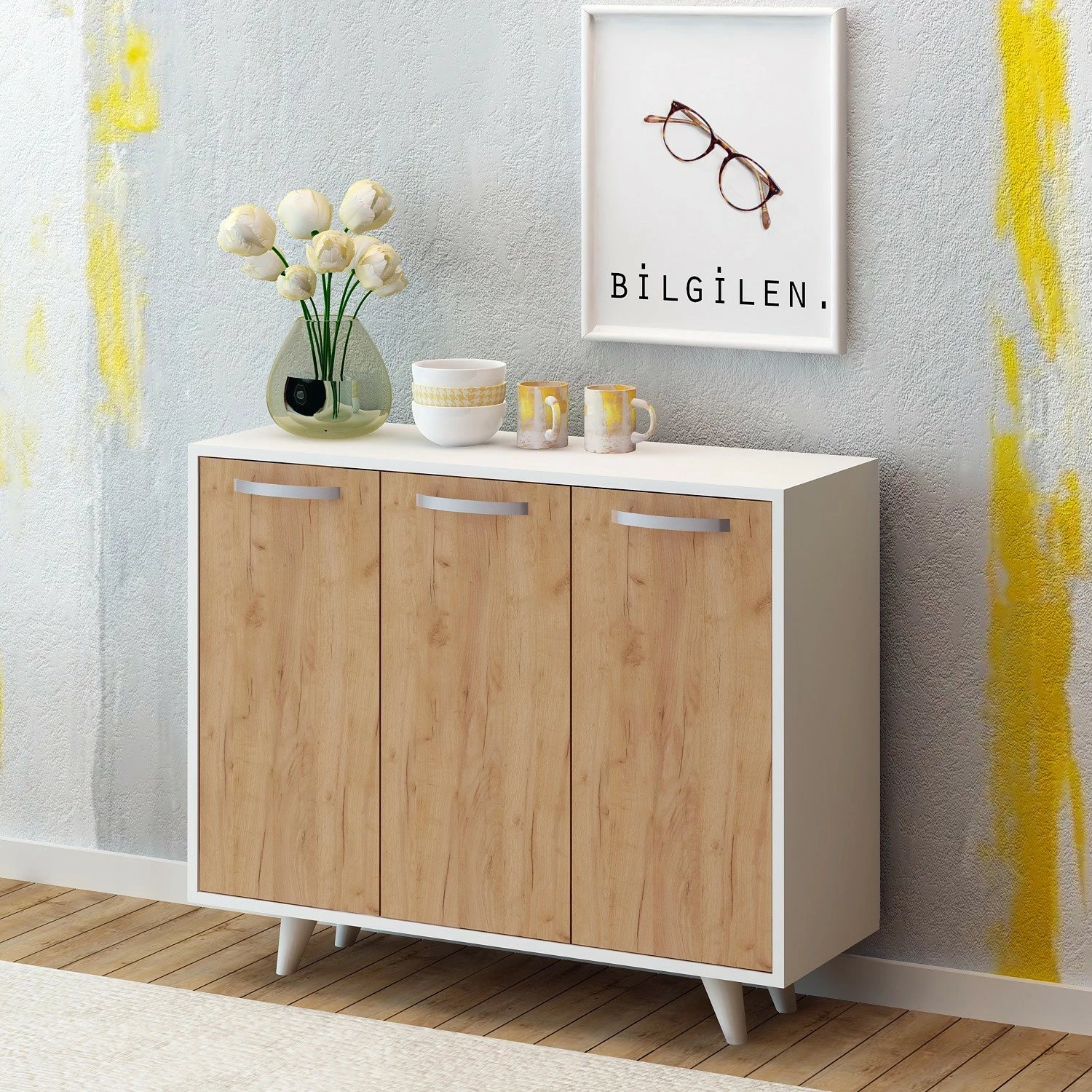 Dollap multifunksional, Skye Decor, Piffa, ngjyrë lisi dhe e bardhë