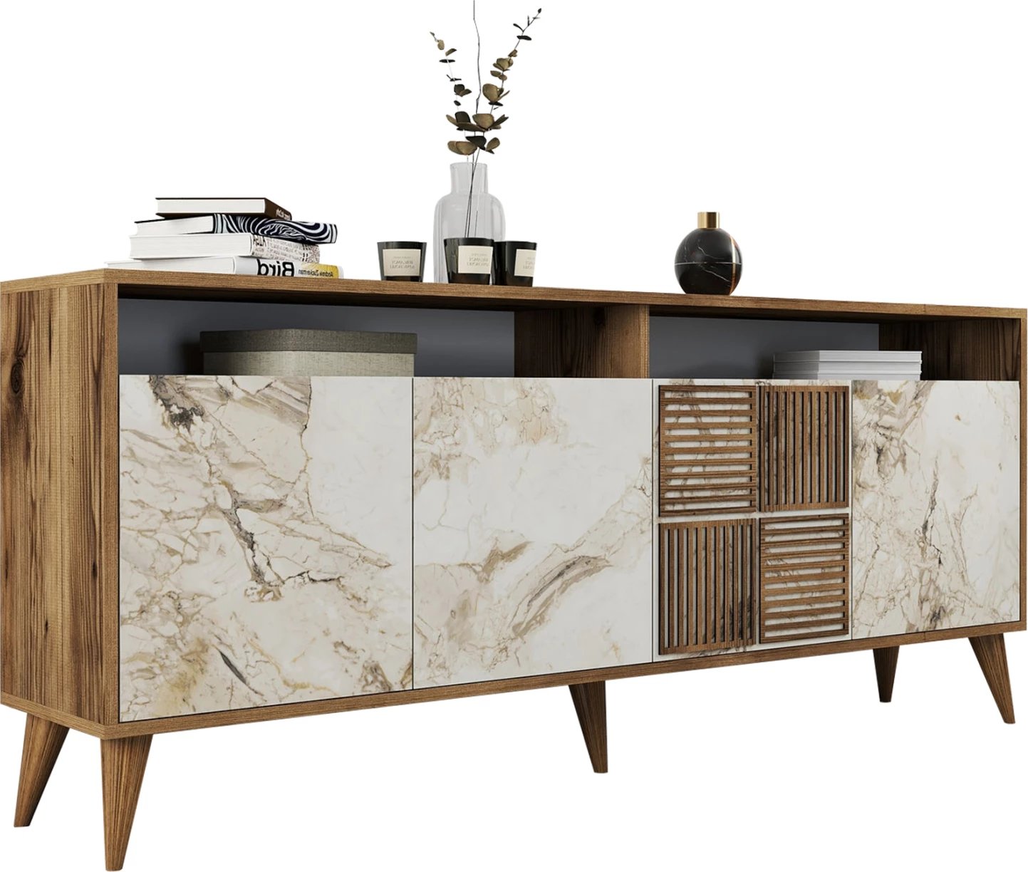 Bufe melamine, ngjyrë arre dhe dyer me pamje mermeri të bardhë, 180x35x78.6H cm, FH9431.03