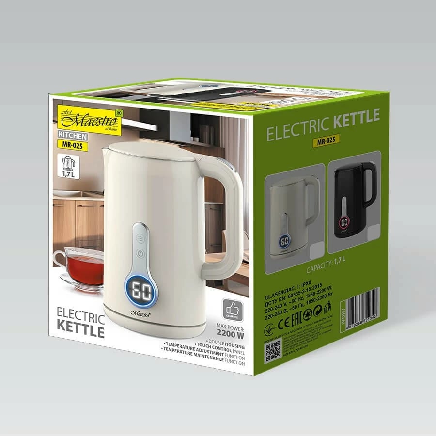 Ibrik elektrik Feel-Maestro MR-025-IVORY, 1.7L, kontroll temperature, ivory/silver