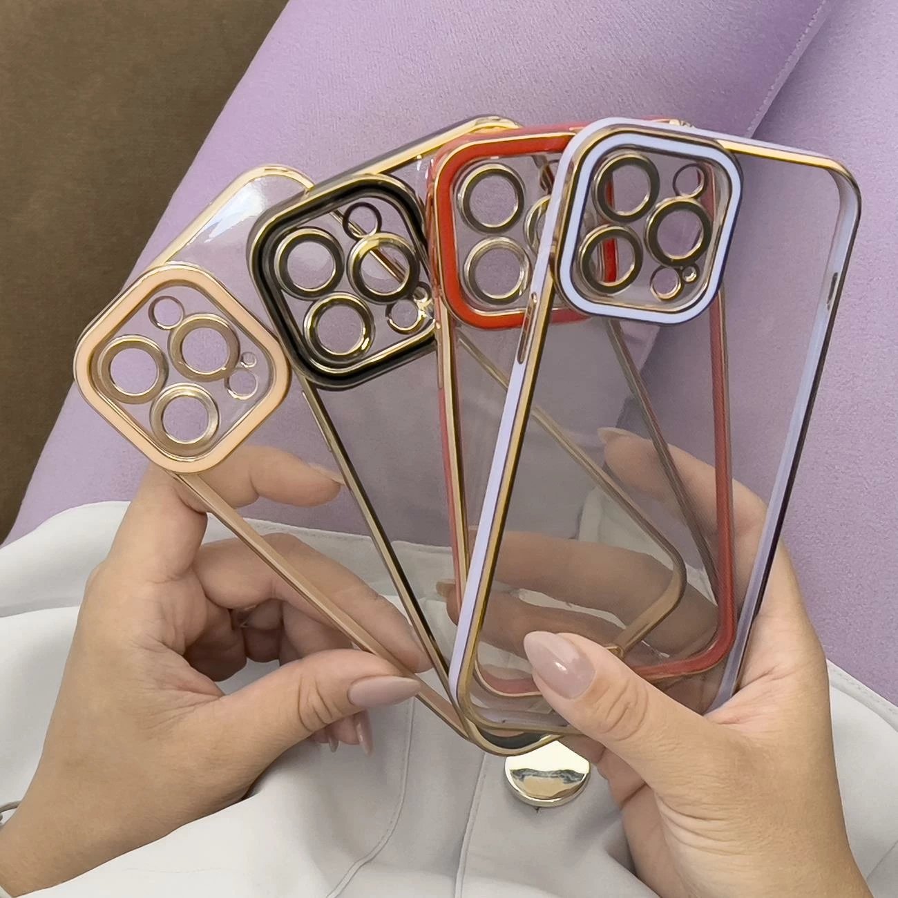 Mbështjellës Hurtel për iPhone 12 Pro, transparent me kornizë ari dhe të kuqe