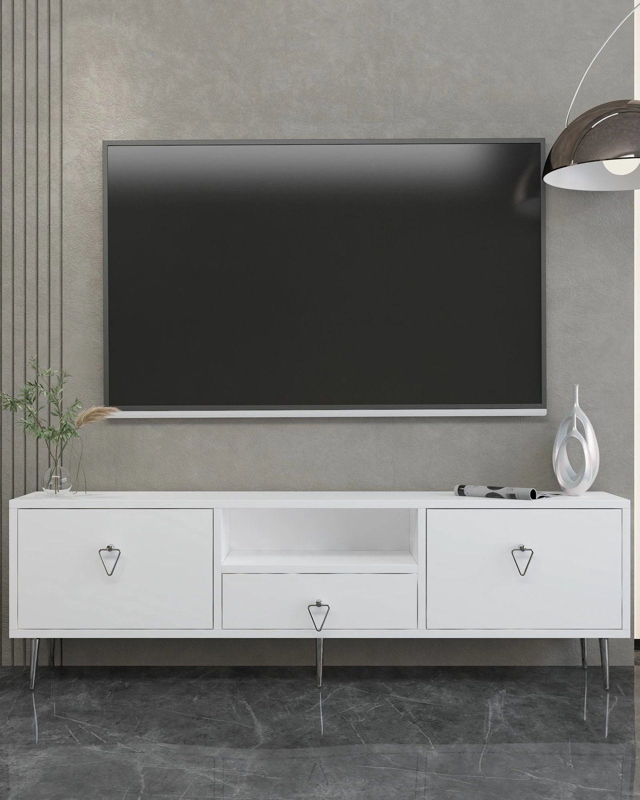 Komodë TV Skye Decor, 1306-DROP-1, e bardhë, argjend