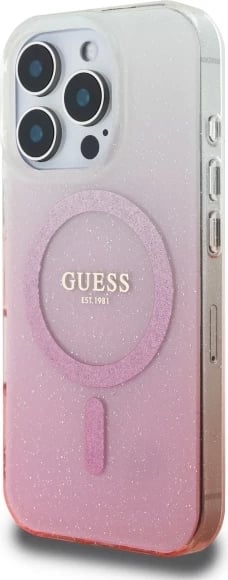 Mbështjellës Guess IML Glitter Gradient MagSafe për iPhone 16 Pro, Rozë