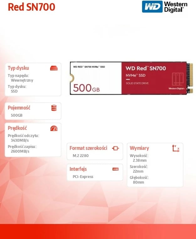SSD Western Digital Red SN700 500GB, NVMe, M.2 2280