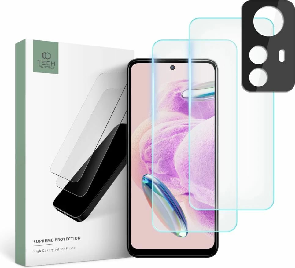 Set mbrojtës, Tech-Protect Supreme për Xiaomi Redmi Note 12S, 2x xhami i temperuar 0.3mm 9H + xham lente, transparent, set