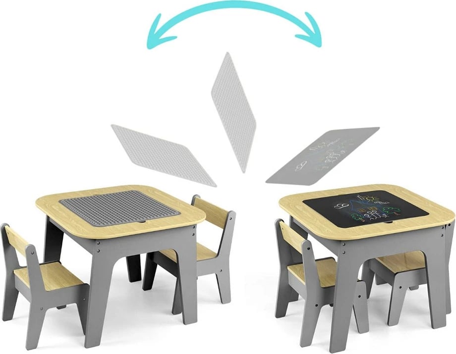 Set tavolinë dhe karrige fëmijësh, MILLY MALLY, Olaf Blocks, sipërfaqe e kthyeshme me tabelë shkumësi dhe hapësirë magazinimi, set 3-copësh, gri e errët