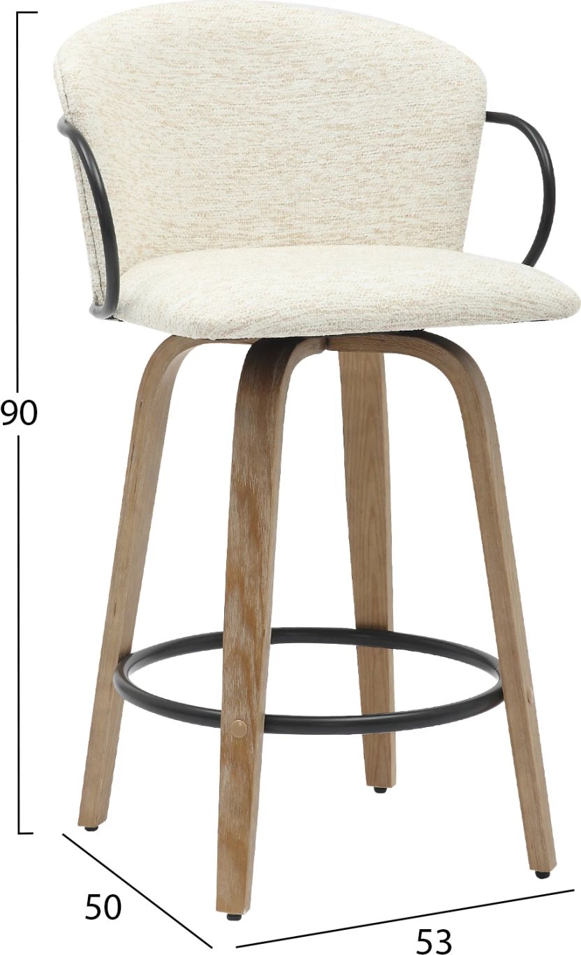 Karrige për bar, lartësi mesatare, NEBOR, FH9986.01, këmbë dru, metal i zi, pëlhurë ecru, 53.5x51x90 cm, set prej 2 copë