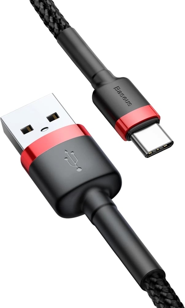 Kabllo Baseus Cafule CATKLF-A91 USB-A në USB-C, 0.5m, 3A, QC 3.0, e zezë dhe e kuqe