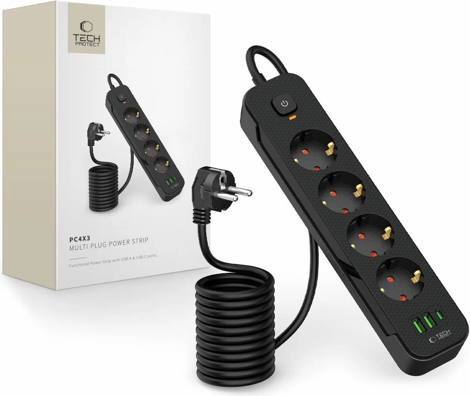 Prizë elektrike Tech-Protect PCL4X3 me 4 dalje, 2xUSB-A, 1xUSB-C, 200 cm, e zezë